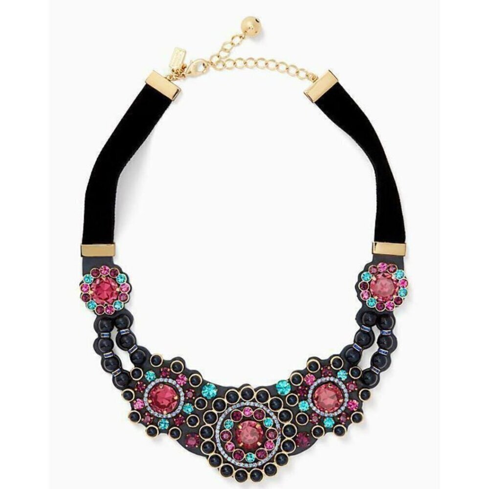 Kate Spade Statement Necklace Leather Crystal Pearl Beads Victorian Box - Picture 2 of 8